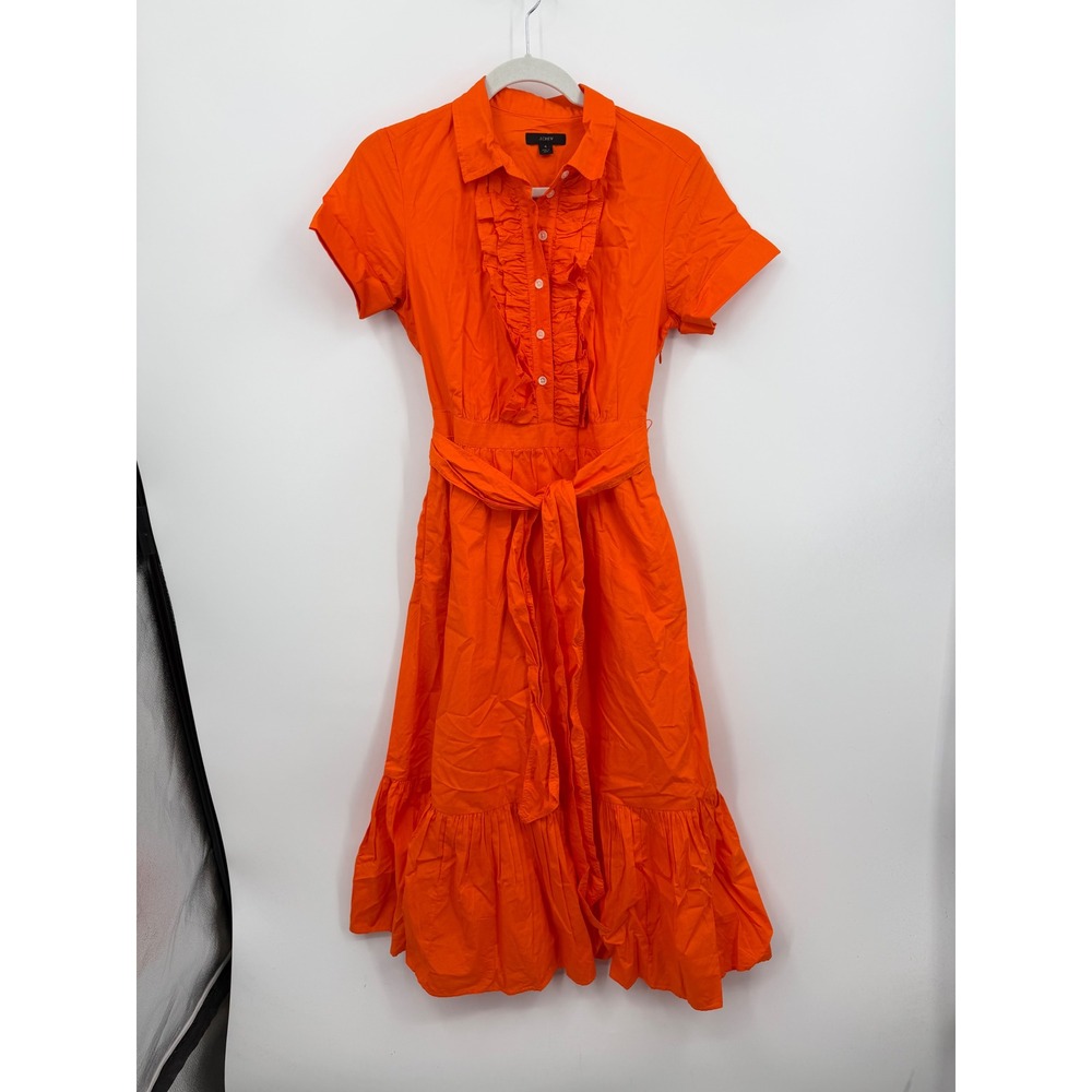 J.Crew Ruffle Front Midi Shirt‎ Dress Womens 4 Orange Tiered Cotton Belted
